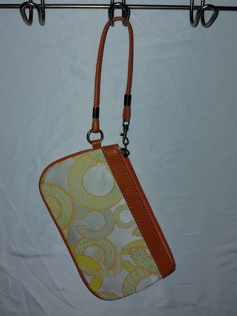Coach Tan Leather-Trim Canvas Wristlet with Yellow Graphic Print